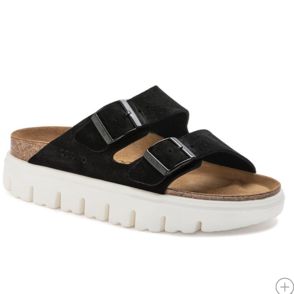 Birkenstock Black Suede Two-Strap Platform Sandal with White Sole